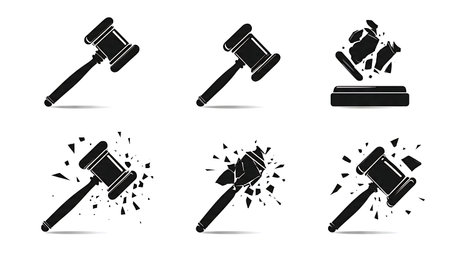 Broken Gavel Symbol of Injustice Silhouette Icons isolated on plain white background.のイラスト素材