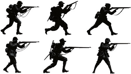 Soldier Silhouettes with Classic Bolt-Action Rifles isolated on plain white background.のイラスト素材