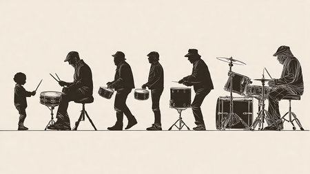 Life Stages of a Drummer from Child to Senior Silhouette isolated on plain white background.のイラスト素材