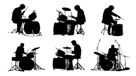 Powerful Blues Rock Drummer Groove Silhouettes isolated on plain white background.のイラスト素材