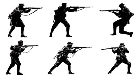 Soldier Silhouettes with Classic Bolt-Action Rifles isolated on plain white background.のイラスト素材