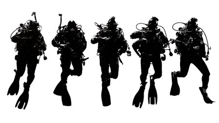 Collection of Six Combat Diver and Frogman Silhouettes isolated on plain white background.のイラスト素材