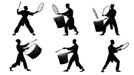 Drummers Performing Cymbal Swells with Mallets Silhouette isolated on plain white background.のイラスト素材