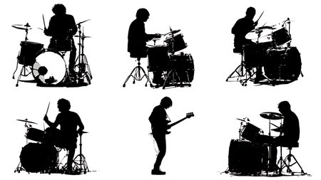 Powerful Blues Rock Drummer Groove Silhouettes isolated on plain white background.のイラスト素材