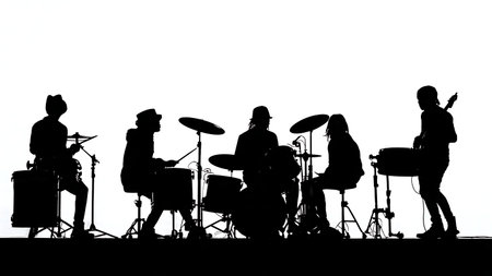 Drummers in a Band Trio Setting Silhouette Collection isolated on plain white background.のイラスト素材