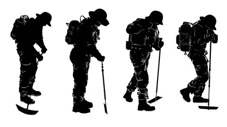 Combat Engineer Silhouettes with Mine Detectors Set of Six isolated on plain white background.のイラスト素材