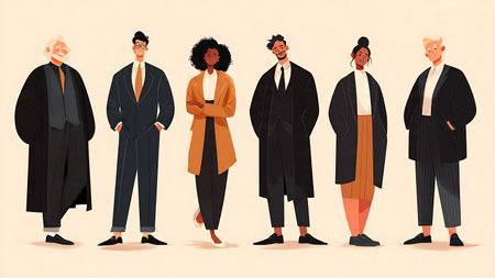 Diverse and Realistic Body Type Lawyer Silhouettes isolated on plain white background.
