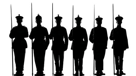 Ceremonial Soldier Silhouettes with Sabers in a Sword Drill isolated on plain white background.