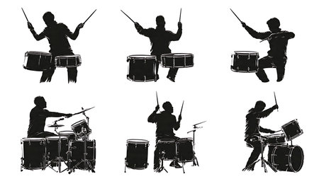 Close-Up of Drummers' Upper Body Motion Silhouette Pack isolated on plain white background.のイラスト素材