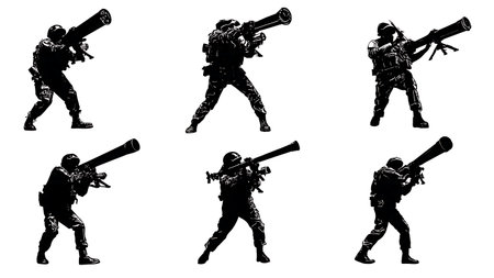 Anti-Aircraft Soldier Silhouettes with Missile Launchers (MANPADS) isolated on plain white background.のイラスト素材