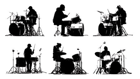Highly Detailed Drum Kit with Abstract Player Silhouettes isolated on plain white background.のイラスト素材