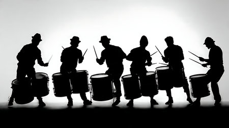 Drummers Performing a Buzz Roll on Snare Silhouette Set isolated on plain white background.のイラスト素材