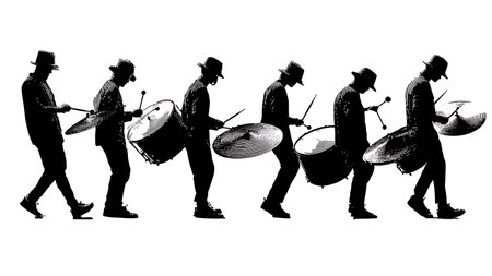 Drummers Performing Cymbal Swells with Mallets Silhouette isolated on plain white background.のイラスト素材