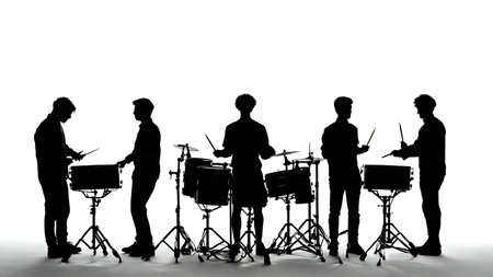 Drummers Playing Compact Cocktail Drum Kits Silhouette Set isolated on plain white background.のイラスト素材