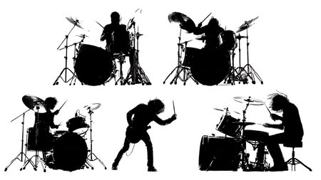 Drummers Hitting China Cymbals Silhouette Set isolated on plain white background.のイラスト素材