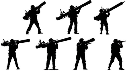 Anti-Aircraft Soldier Silhouettes with Missile Launchers (MANPADS) isolated on plain white background.のイラスト素材