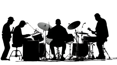 Drummers in a Band Trio Setting Silhouette Collection isolated on plain white background.のイラスト素材