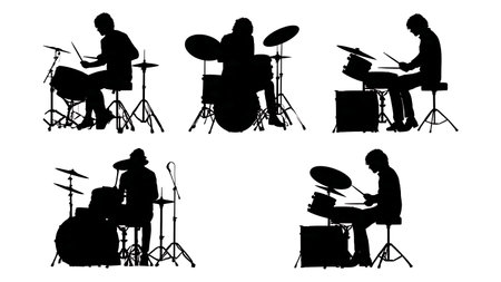 Powerful Blues Rock Drummer Groove Silhouettes isolated on plain white background.のイラスト素材