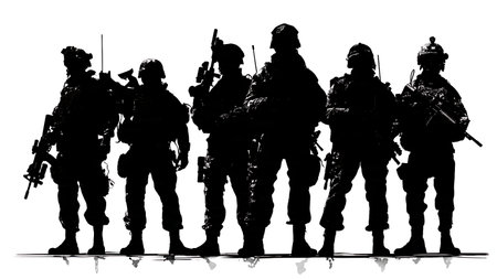 Desert Warfare Soldier Silhouettes with Camouflage and Gear isolated on plain white background.のイラスト素材