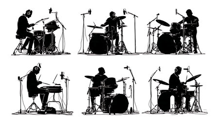 Drummers Adjusting Microphones on Kits Silhouette Collection isolated on plain white background.のイラスト素材