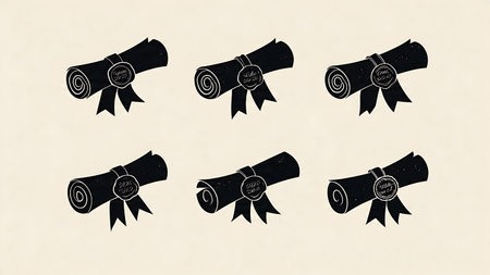 Detailed Diploma Scroll with Year Charm Silhouette Icons isolated on plain white background.