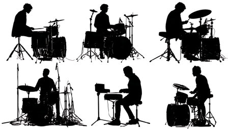 Highly Detailed Drum Kit with Abstract Player Silhouettes isolated on plain white background.のイラスト素材
