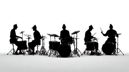 Drummers Performing Cymbal Choke Technique Silhouettes isolated on plain white background.のイラスト素材