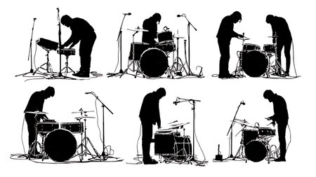 Drummers Adjusting Microphones on Kits Silhouette Collection isolated on plain white background.のイラスト素材