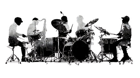 Highly Detailed Drum Kit with Abstract Player Silhouettes isolated on plain white background.のイラスト素材