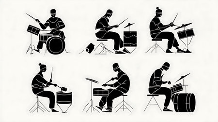 Black Silhouettes of Drummers Playing Cowbell isolated on plain white background.のイラスト素材
