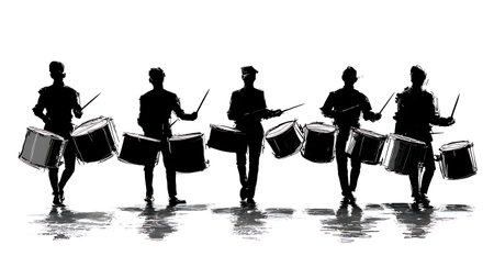 Drummers Performing a Drum Roll with Motion Blur Silhouettes isolated on plain white background.のイラスト素材