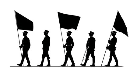 Ceremonial Color Guard Soldier Silhouettes Presenting Flags isolated on plain white background.のイラスト素材