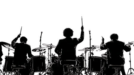 Rear View of Drummers at Kit Silhouette Collection isolated on plain white background.のイラスト素材