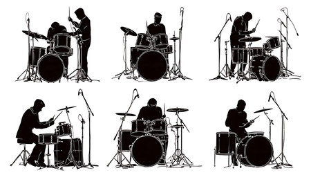 Drummers Adjusting Microphones on Kits Silhouette Collection isolated on plain white background.のイラスト素材