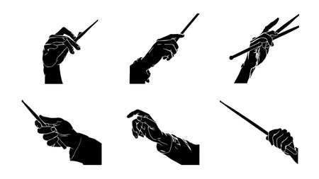 Black Silhouette Set of Drumstick and Hand Positions isolated on plain white background.のイラスト素材