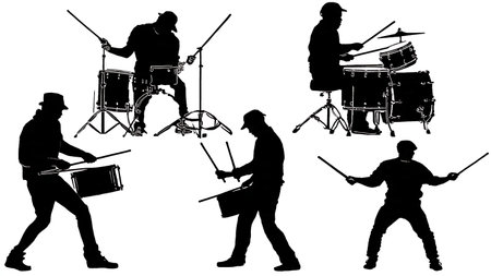 Drummers Playing with Hot Rods Silhouette Set isolated on plain white background.のイラスト素材
