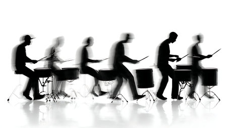 Drummers Performing a Drum Roll with Motion Blur Silhouettes isolated on plain white background.のイラスト素材