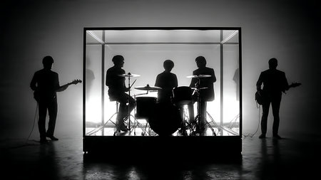 Drummers Performing Behind Acrylic Shields Silhouette Set isolated on plain white background.のイラスト素材
