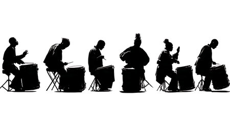 Drummers with Eyes Closed in Deep Concentration Silhouettes isolated on plain white background.のイラスト素材