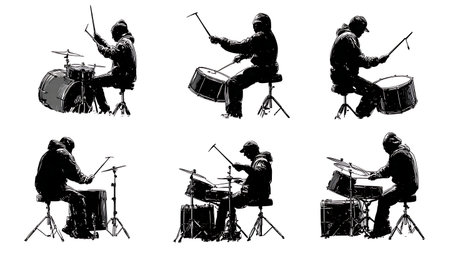 Drummers Performing Cymbal Swells with Mallets Silhouette isolated on plain white background.のイラスト素材