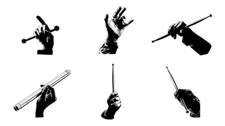 Black Silhouette Set of Drumstick and Hand Positions isolated on plain white background.