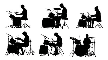 Profile Silhouettes of Drummers Hitting Different Drums isolated on plain white background.のイラスト素材