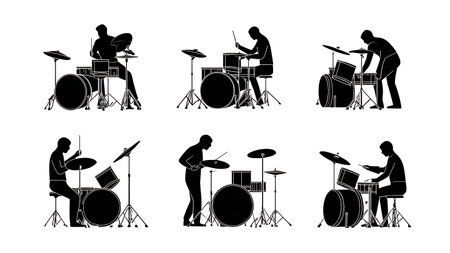 Drummers Setting Up Drum Kits Silhouette Collection isolated on plain white background.のイラスト素材