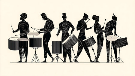 Drummers Playing with Mallets Silhouette Set isolated on plain white background.のイラスト素材