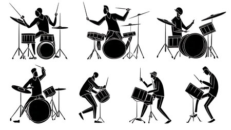 Funk and Soul Groove Drummer Silhouette Set of Six isolated on plain white background.のイラスト素材