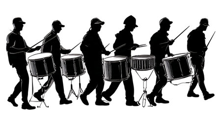 Drummers Playing with Hot Rods Silhouette Set isolated on plain white background.のイラスト素材