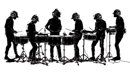 Drummers Wearing Headphones for Studio or Practice Silhouettes isolated on plain white background.のイラスト素材