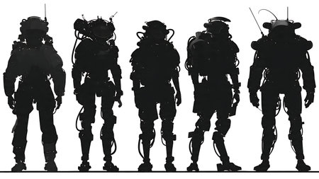 Futuristic Soldier Silhouettes in Advanced Exoskeleton Power Armor isolated on plain white background.のイラスト素材