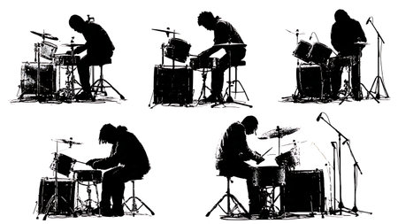 Drummers Adjusting Microphones on Kits Silhouette Collection isolated on plain white background.のイラスト素材