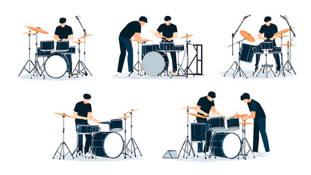 Drummers Setting Up Drum Kits Silhouette Collection isolated on plain white background.のイラスト素材